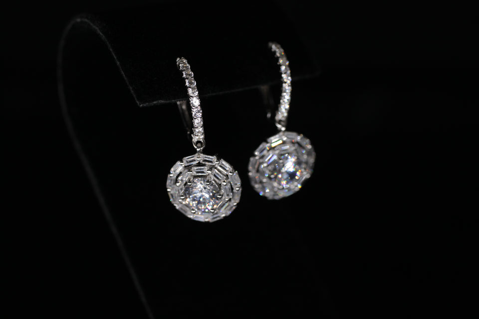 Dangling Round Baguette Cluster Earrings