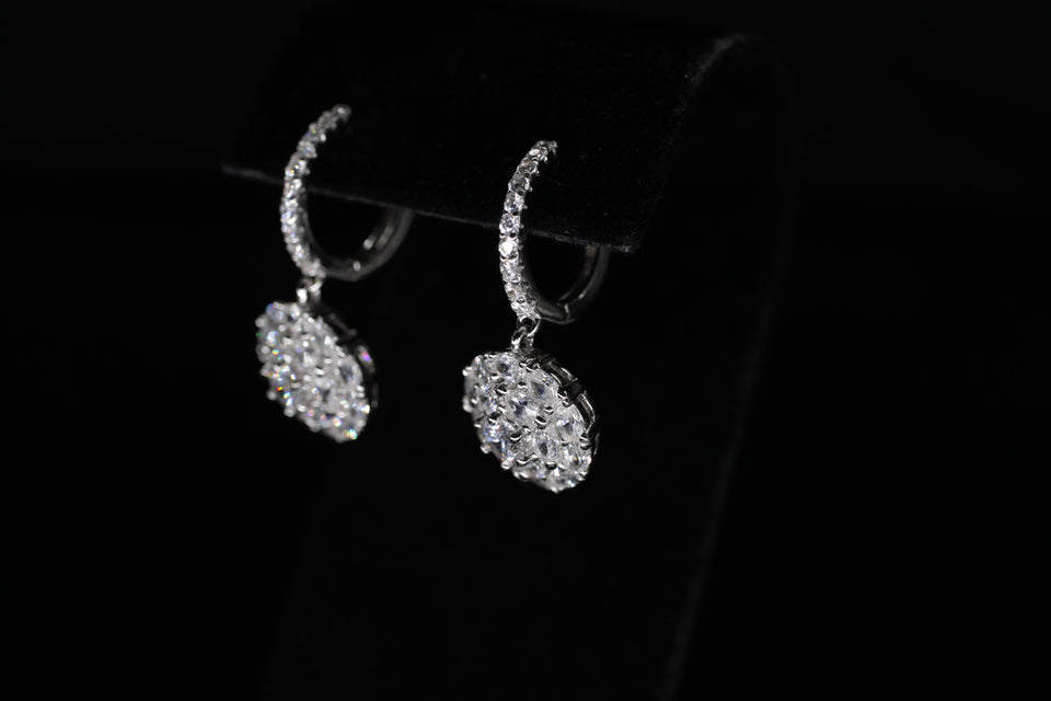 Dangling Round Cluster Halo Earrings