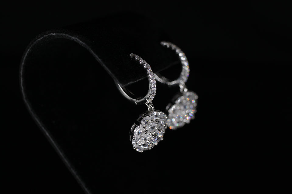 Dangling Round Cluster Halo Earrings