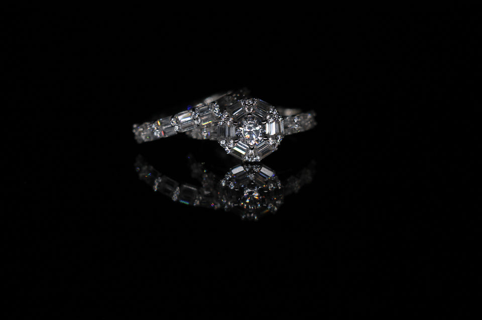 Round & Baguette Double Halo Engagement Ring